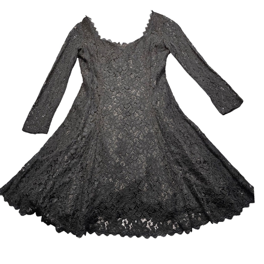 Elena Ianassi Vintage Black Lace Fit Flare Dress 12 Womens Long Sleeve V-Neck